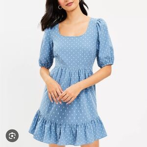 NWT LOFT Clip Tie Back Flounce Swing Mini Dress Blue w/ Dots, Size 12